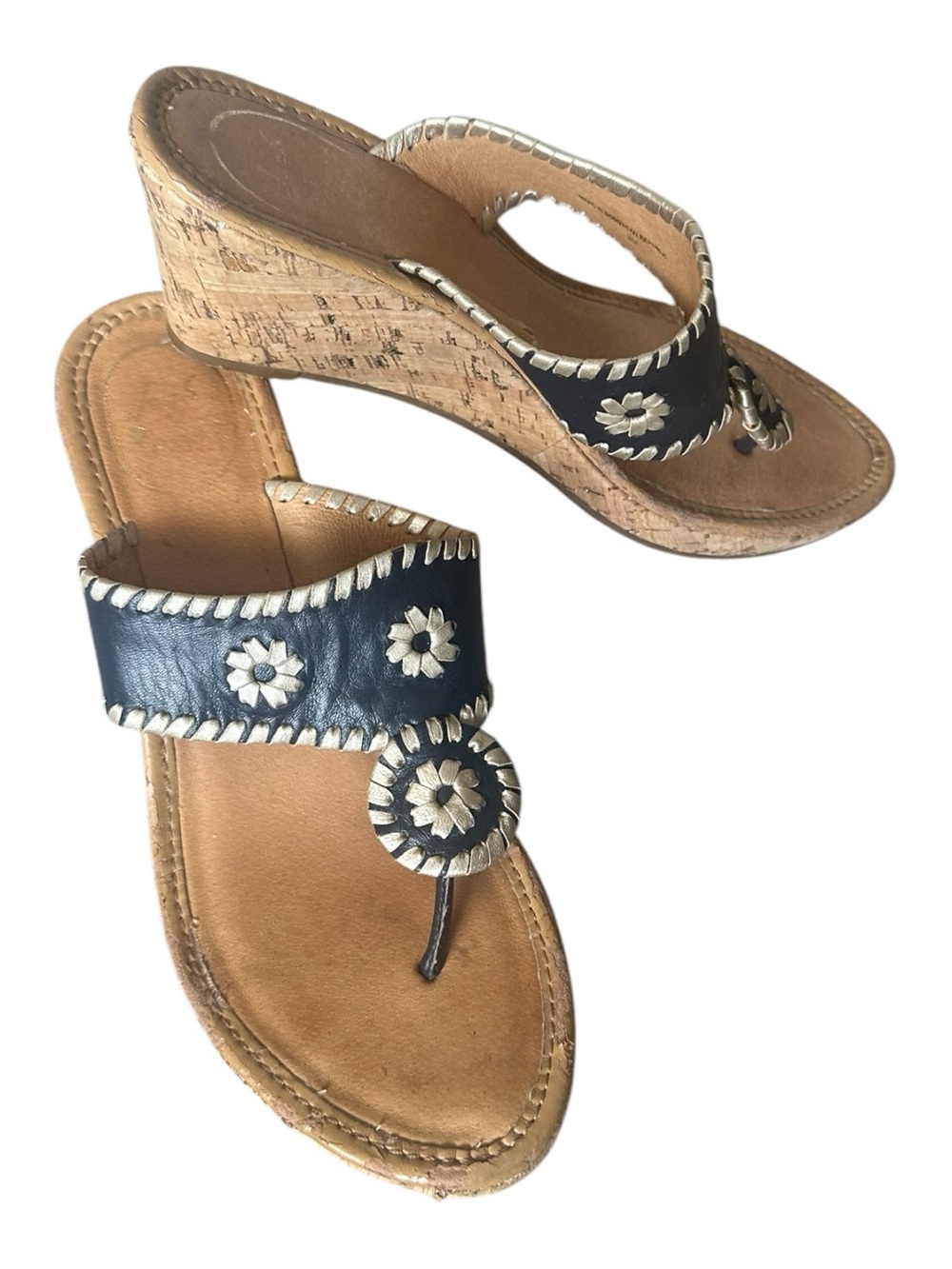 Jack Rogers Navy Blue Leather Cork Wedge Goldtone Flecked Thong Sandals 8